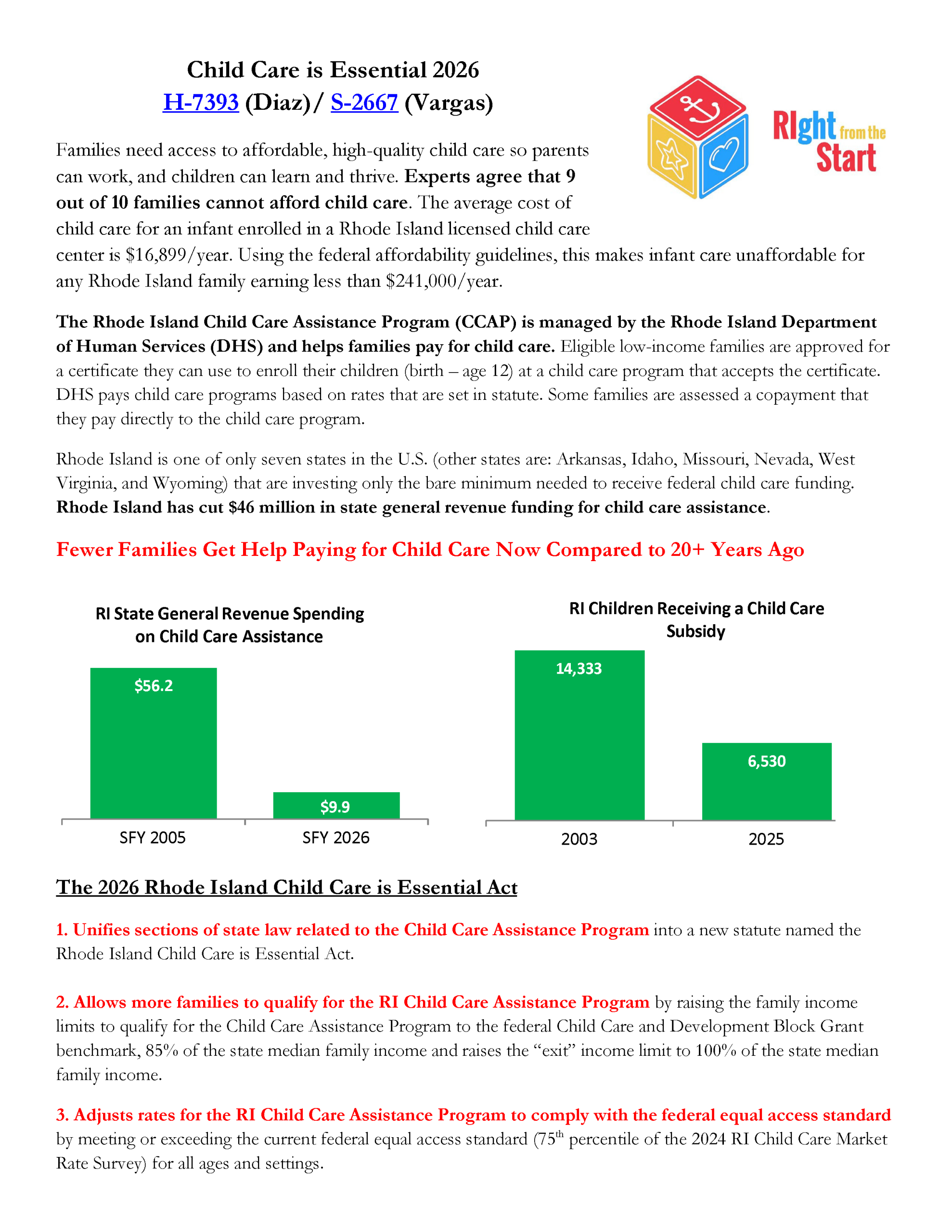 RIght from the Start Child Care is Essential Act Fact Sheet () Page