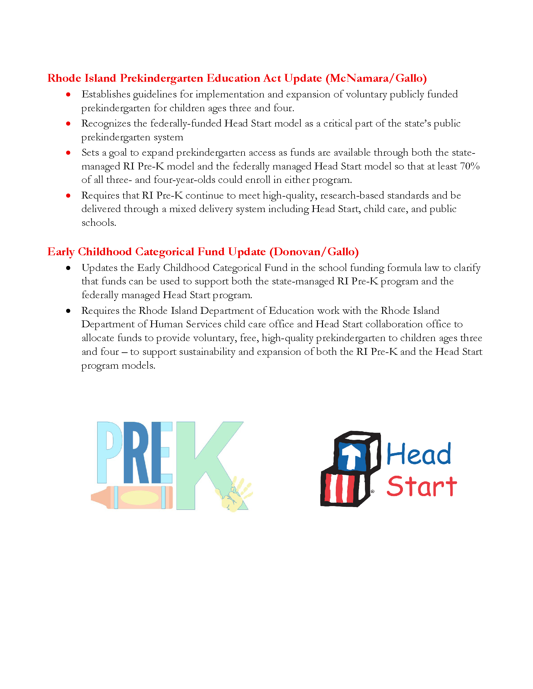 RIght from the Start Pre K and Early Childhood Categorical Fund Page