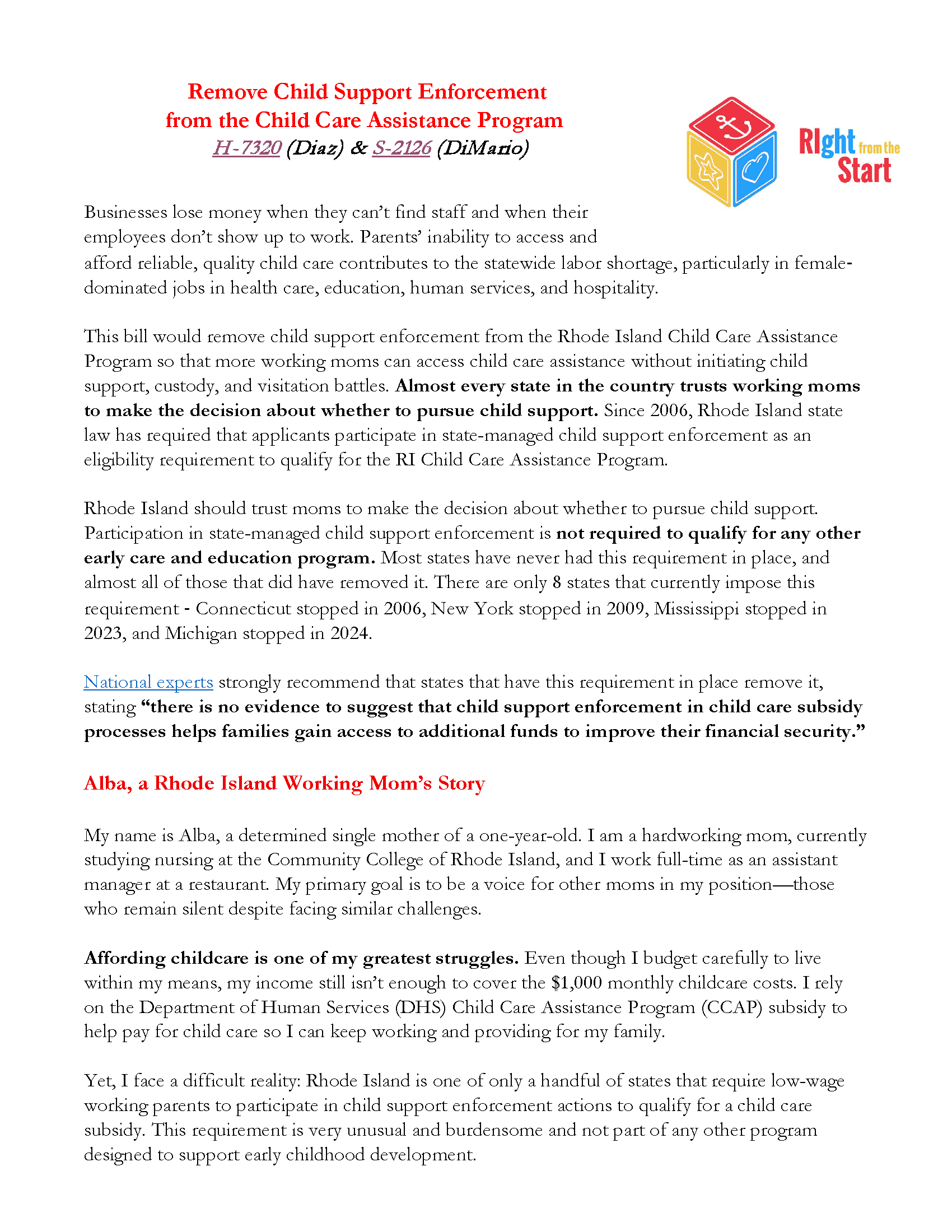 RIght from the Start Remove Child Support Enforcement from Child Care Assistance () Page